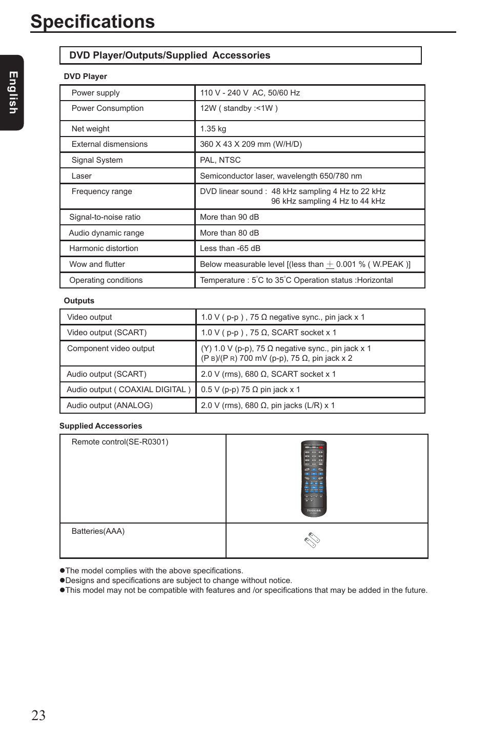 Specifications, Eng lis h, Dvd player/outputs/supplied accessories | Toshiba SD190 User Manual | Page 24 / 27