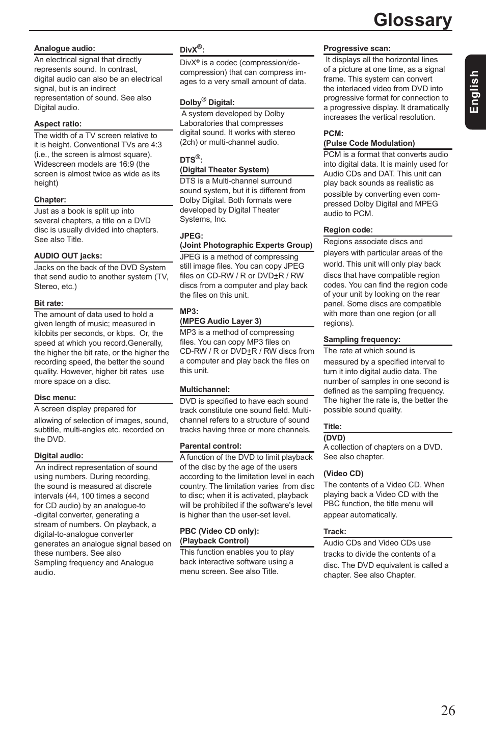 Glossary, Eng lis h | Toshiba SD190 User Manual | Page 27 / 27
