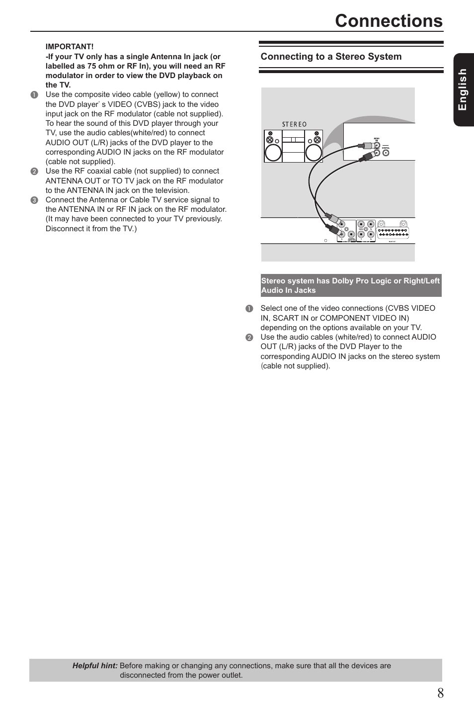 Connections, Eng lis h | Toshiba SD190 User Manual | Page 9 / 27