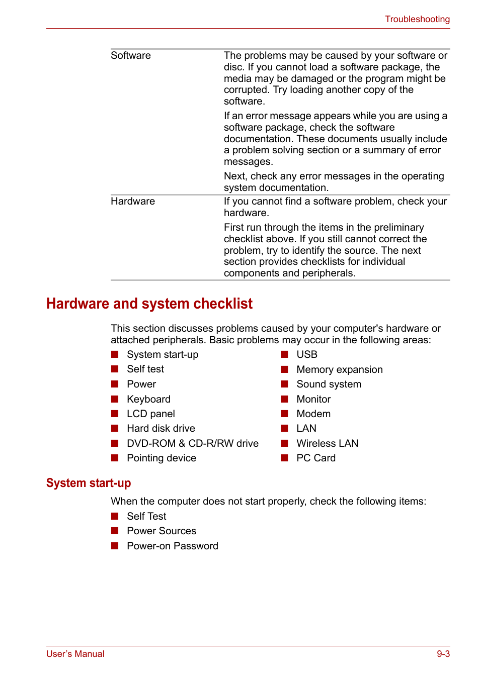 Hardware and system checklist, Hardware and system checklist -3, System start-up | Toshiba Satellite L30 (PSL30) User Manual | Page 106 / 150