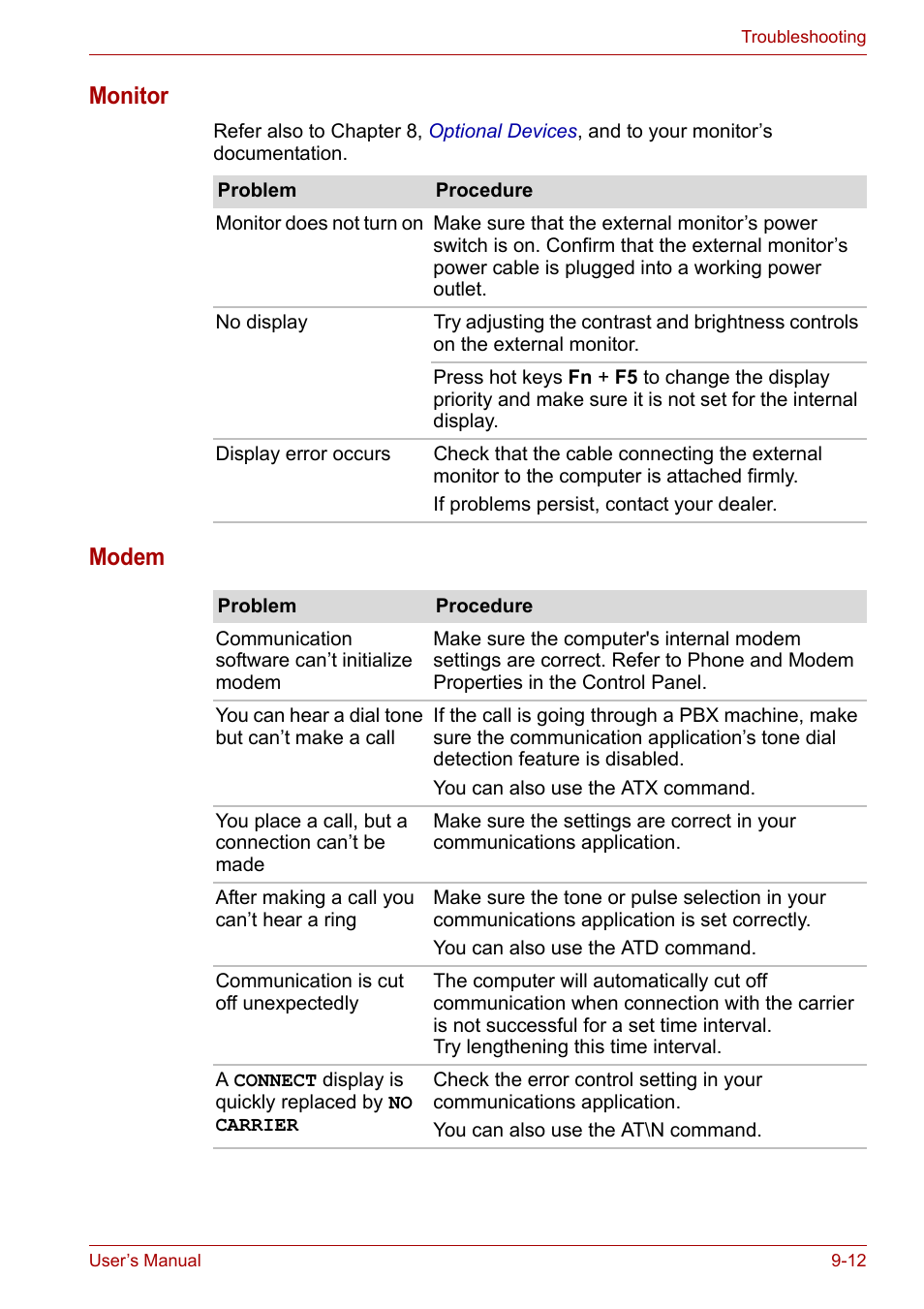 Monitor, Modem | Toshiba Satellite L30 (PSL30) User Manual | Page 115 / 150