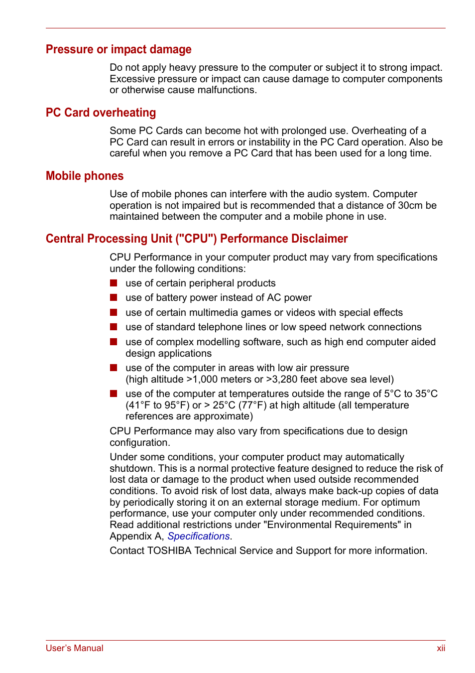 Pressure or impact damage, Pc card overheating, Mobile phones | Toshiba Satellite L30 (PSL30) User Manual | Page 12 / 150