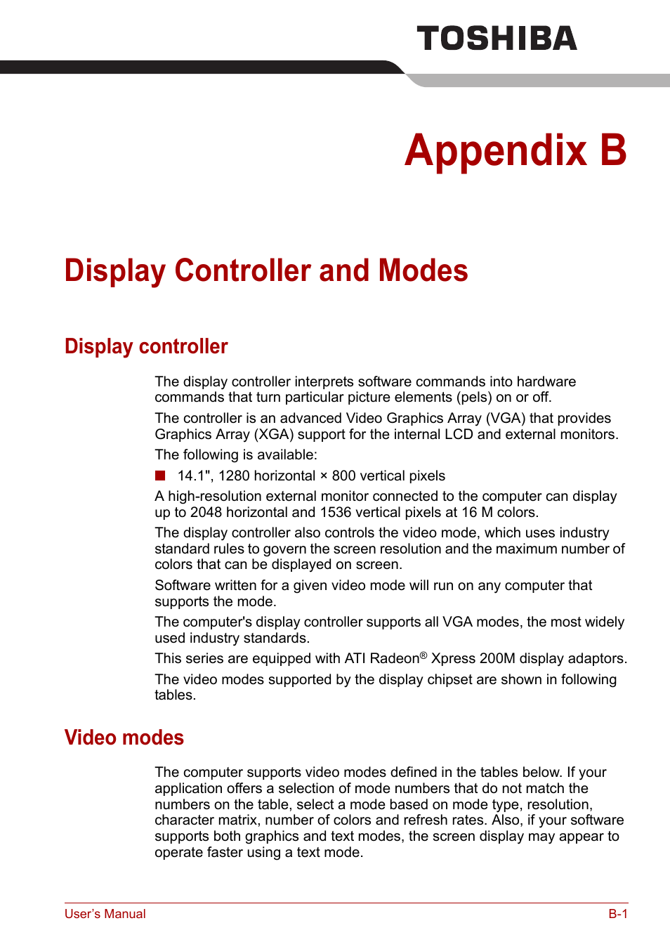 Appendix b: display controller and modes, Appendix b, Display controller and modes | Display, Controller and modes, Display controller and, Modes, Display controller, Video modes | Toshiba Satellite L30 (PSL30) User Manual | Page 121 / 150