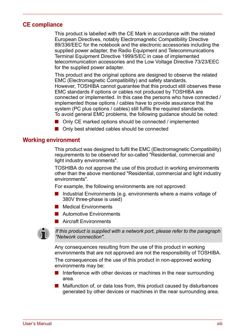 Ce compliance, Working environment | Toshiba Satellite L30 (PSL30) User Manual | Page 13 / 150