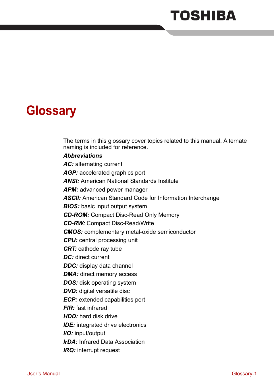Glossary, Index | Toshiba Satellite L30 (PSL30) User Manual | Page 135 / 150