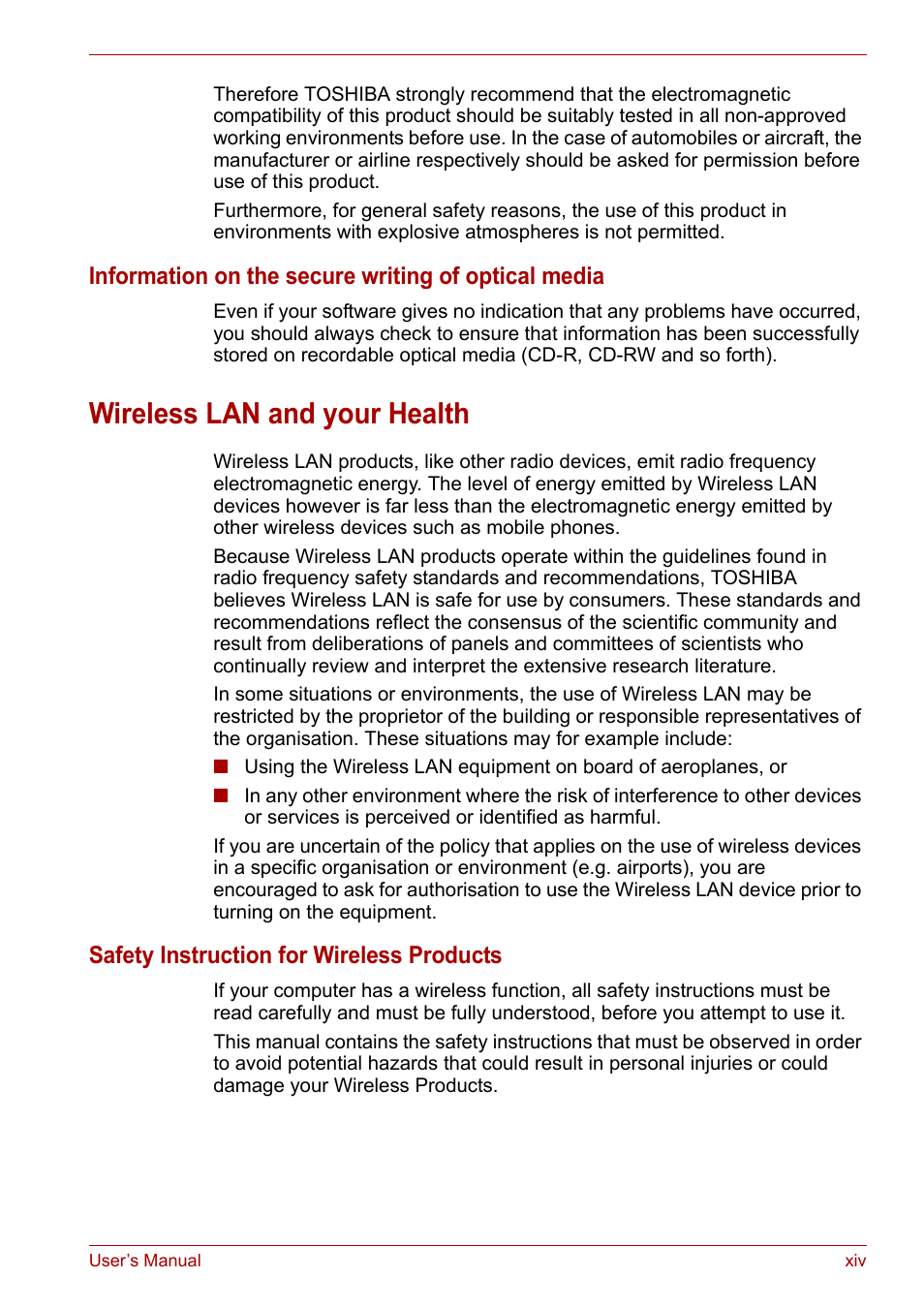 Wireless lan and your health, Information on the secure writing of optical media, Safety instruction for wireless products | Toshiba Satellite L30 (PSL30) User Manual | Page 14 / 150