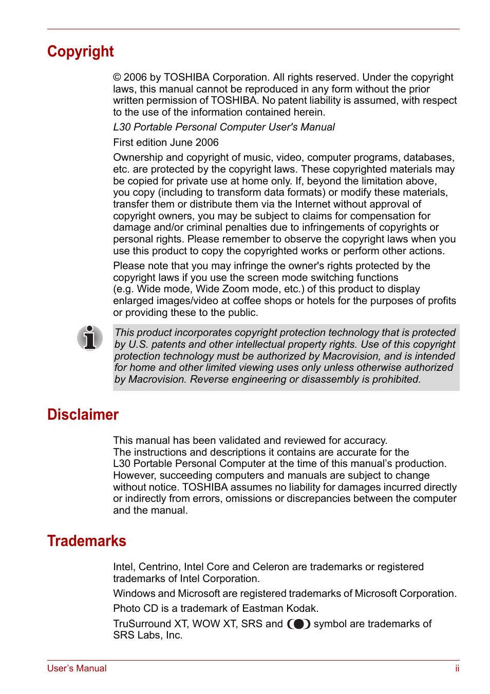 Copyright, Disclaimer, Trademarks | Toshiba Satellite L30 (PSL30) User Manual | Page 2 / 150