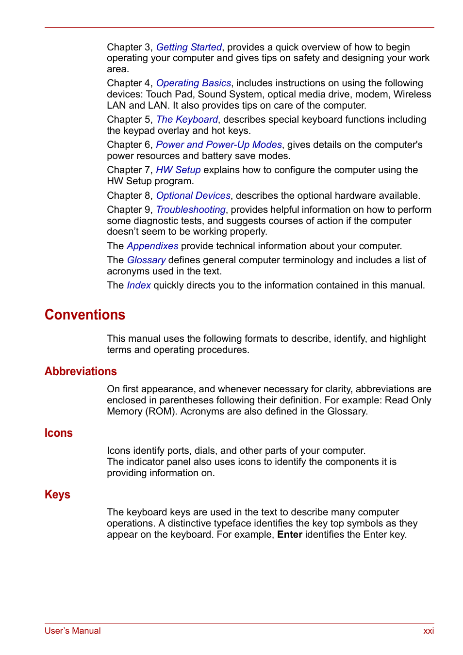 Conventions, Abbreviations, Icons | Keys | Toshiba Satellite L30 (PSL30) User Manual | Page 21 / 150