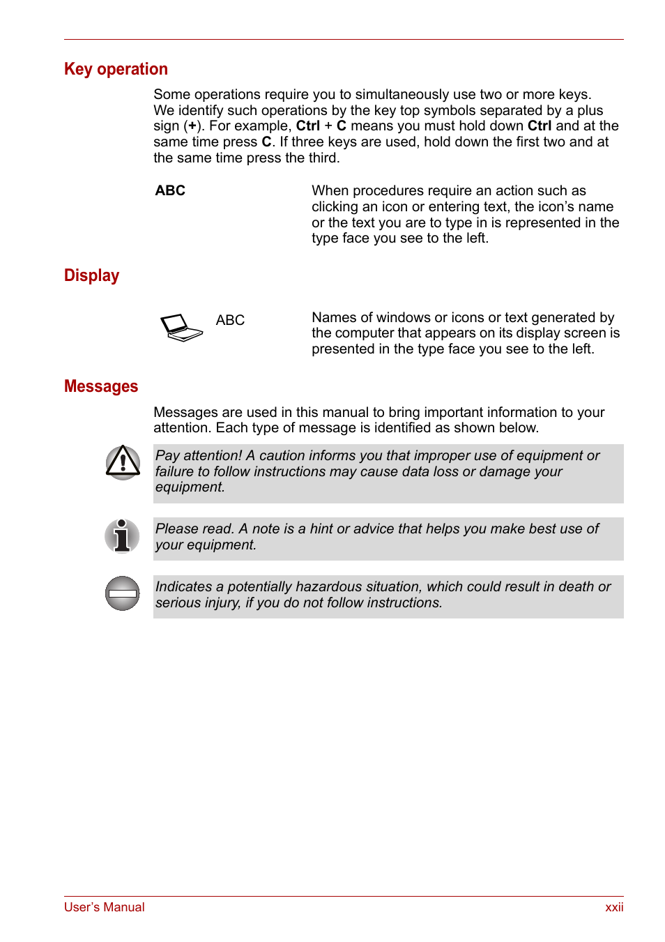 Key operation, Display messages | Toshiba Satellite L30 (PSL30) User Manual | Page 22 / 150