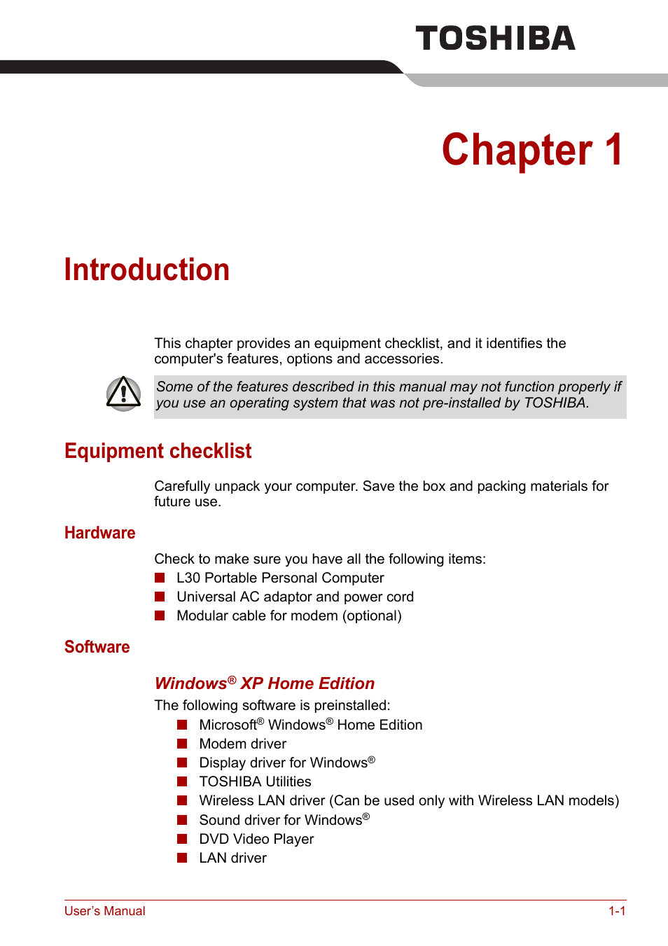 Chapter 1: introduction, Equipment checklist, Chapter 1 | Introduction, Equipment checklist -1 | Toshiba Satellite L30 (PSL30) User Manual | Page 23 / 150