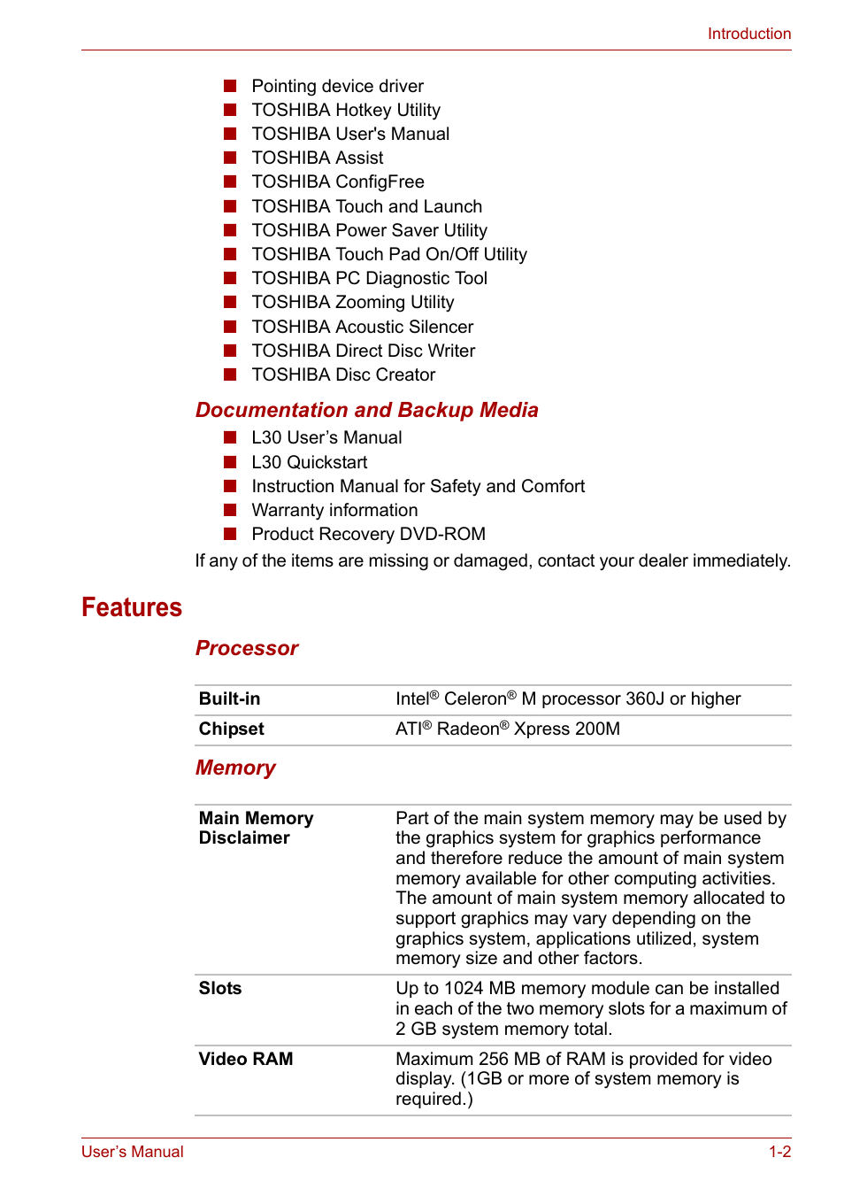 Features, Features -2 | Toshiba Satellite L30 (PSL30) User Manual | Page 24 / 150