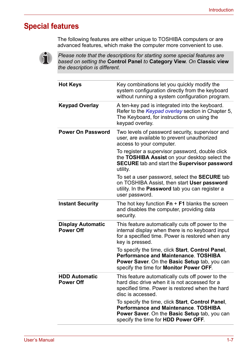 Special features, Special features -7 | Toshiba Satellite L30 (PSL30) User Manual | Page 29 / 150