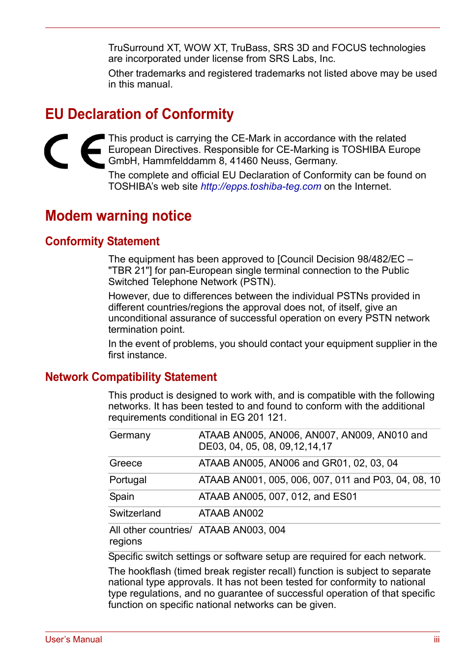 Eu declaration of conformity, Modem warning notice | Toshiba Satellite L30 (PSL30) User Manual | Page 3 / 150