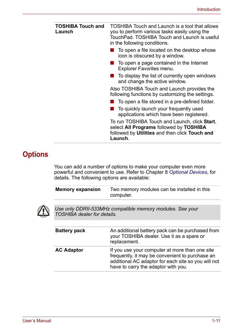 Options, Options -11 | Toshiba Satellite L30 (PSL30) User Manual | Page 33 / 150
