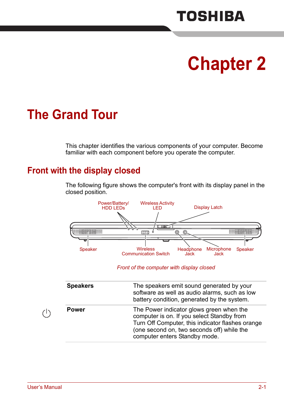 Chapter 2: the grand tour, Front with the display closed, Chapter 2 | The grand tour, Front with the display closed -1 | Toshiba Satellite L30 (PSL30) User Manual | Page 34 / 150