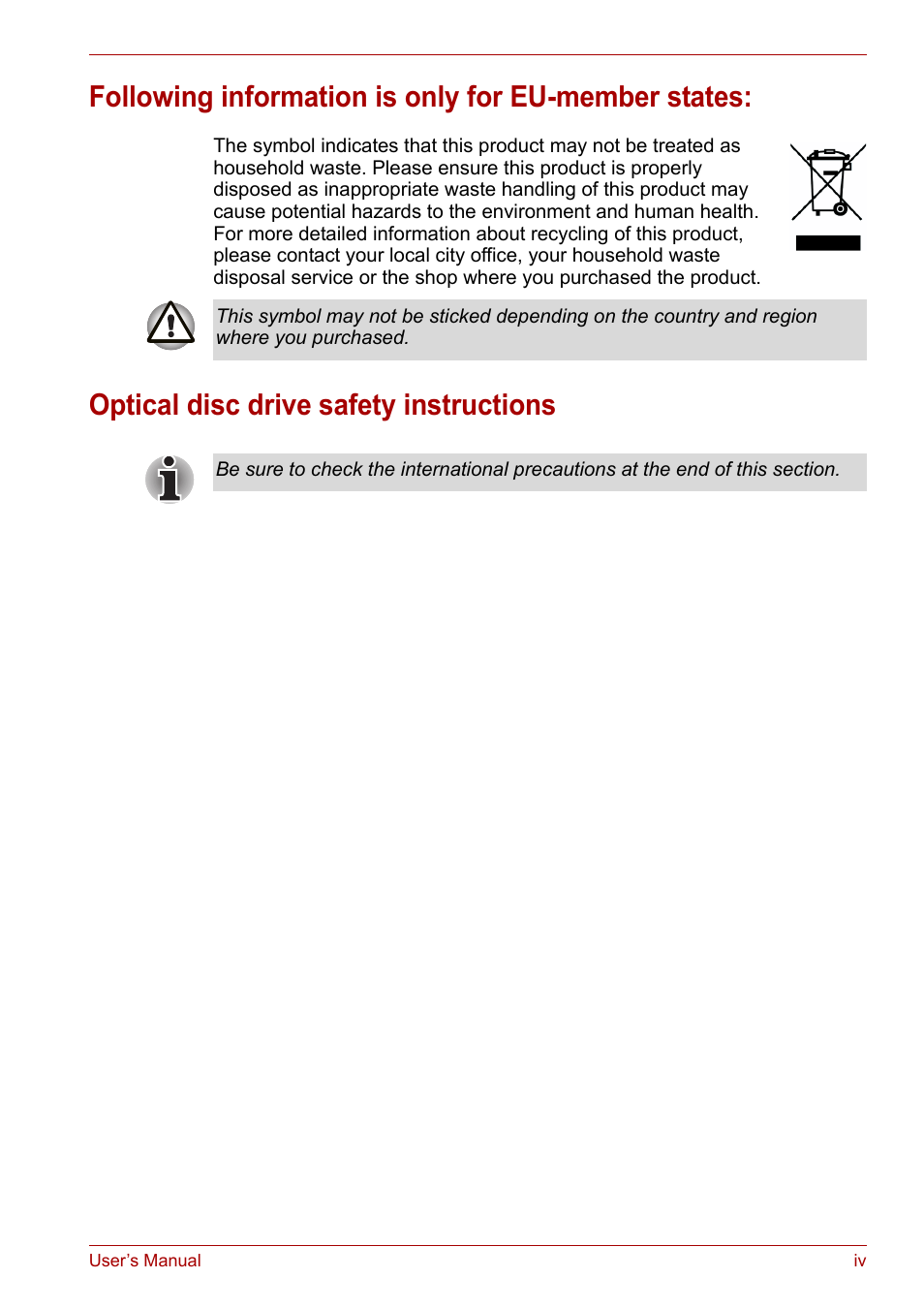 Following information is only for eu-member states, Optical disc drive safety instructions | Toshiba Satellite L30 (PSL30) User Manual | Page 4 / 150