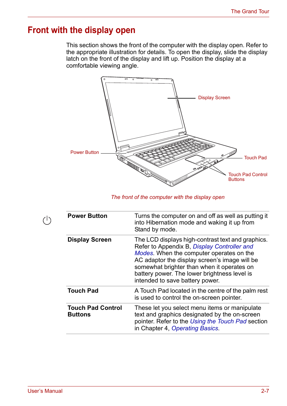 Front with the display open, Front with the display open -7 | Toshiba Satellite L30 (PSL30) User Manual | Page 40 / 150