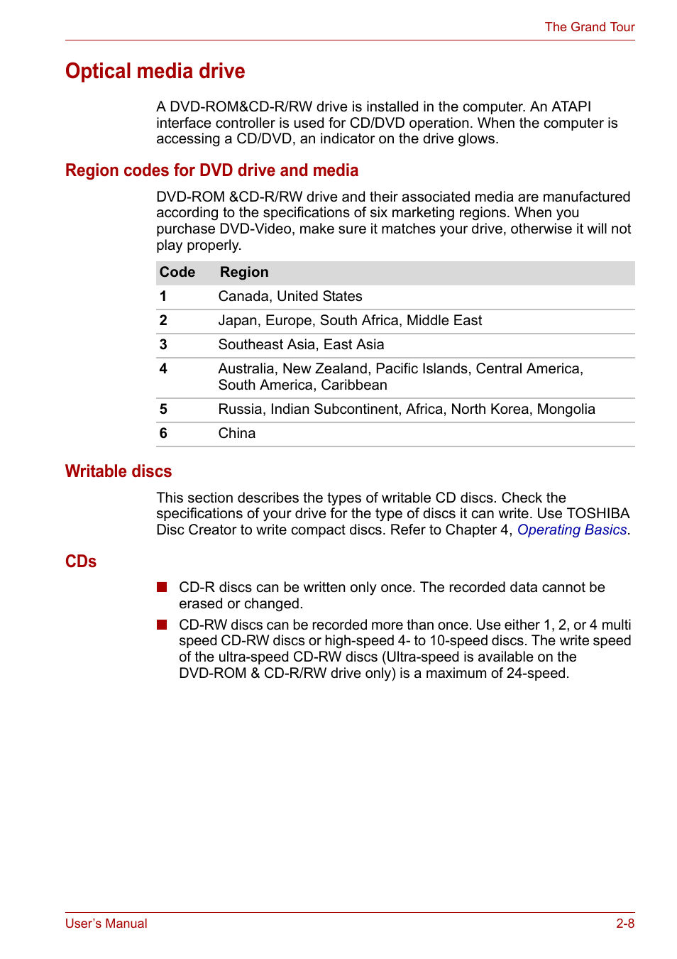 Optical media drive, Optical media drive -8, Region codes for dvd drive and media | Writable discs | Toshiba Satellite L30 (PSL30) User Manual | Page 41 / 150