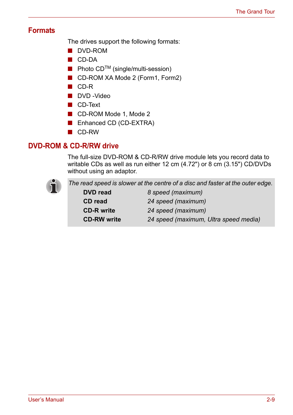 Formats, Dvd-rom & cd-r/rw drive | Toshiba Satellite L30 (PSL30) User Manual | Page 42 / 150