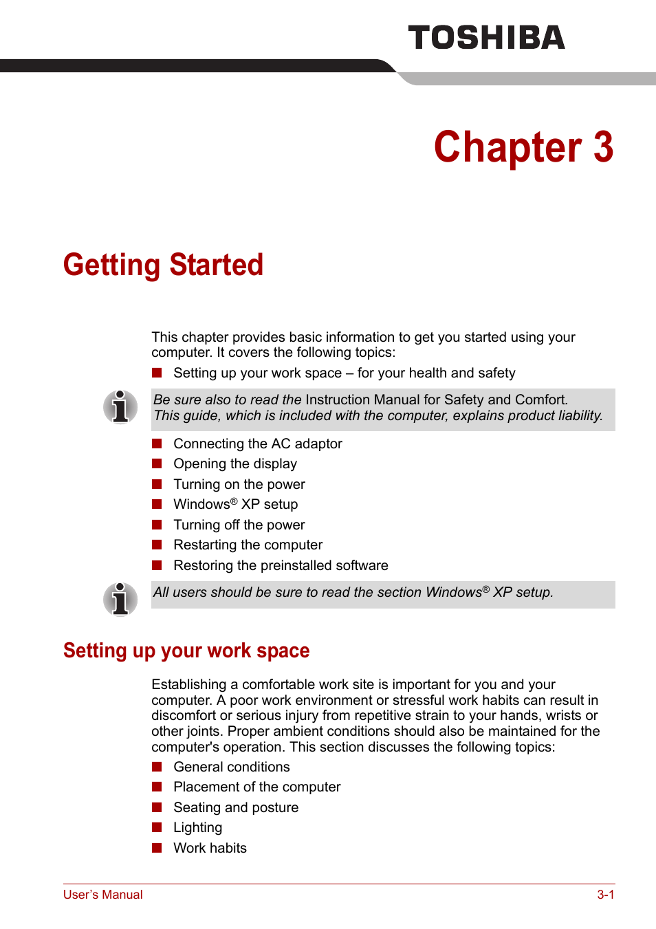 Chapter 3: getting started, Setting up your work space, Chapter 3 | Getting started, Setting up your work space -1 | Toshiba Satellite L30 (PSL30) User Manual | Page 44 / 150