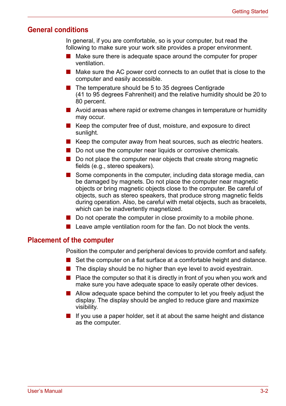 General conditions, Placement of the computer | Toshiba Satellite L30 (PSL30) User Manual | Page 45 / 150