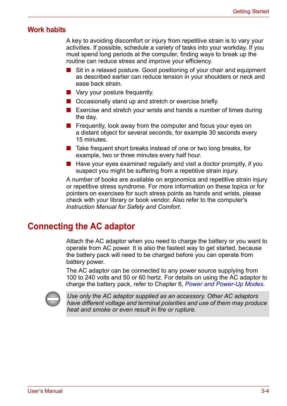 Connecting the ac adaptor, Connecting the ac adaptor -4, Work habits | Toshiba Satellite L30 (PSL30) User Manual | Page 47 / 150