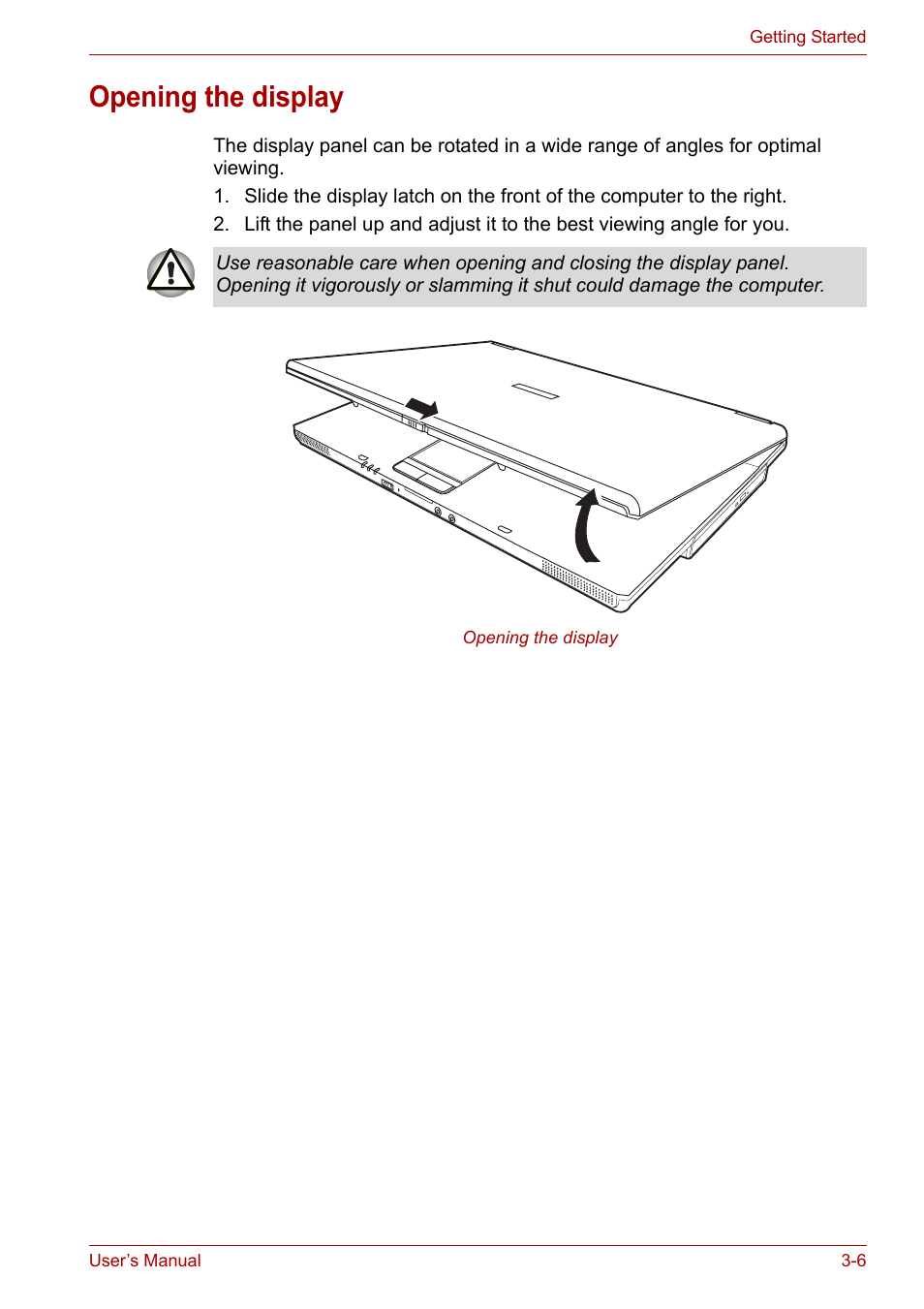 Opening the display, Opening the display -6 | Toshiba Satellite L30 (PSL30) User Manual | Page 49 / 150