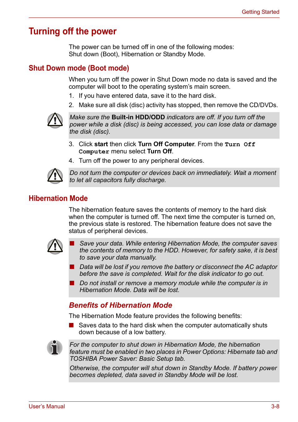 Turning off the power, Turning off the power -8, Shut down mode (boot mode) | Hibernation mode | Toshiba Satellite L30 (PSL30) User Manual | Page 51 / 150