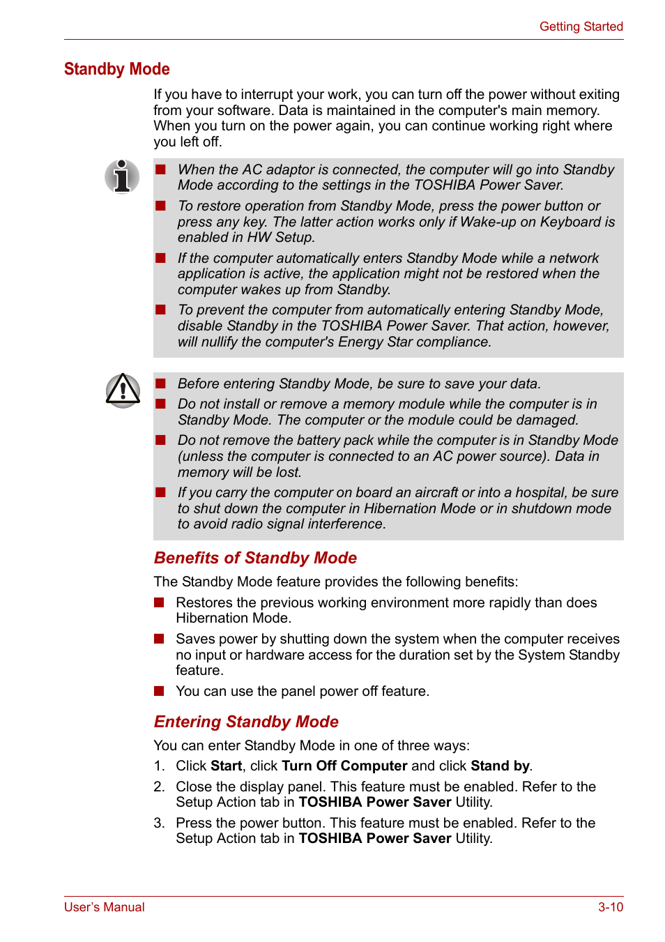 Standby mode | Toshiba Satellite L30 (PSL30) User Manual | Page 53 / 150
