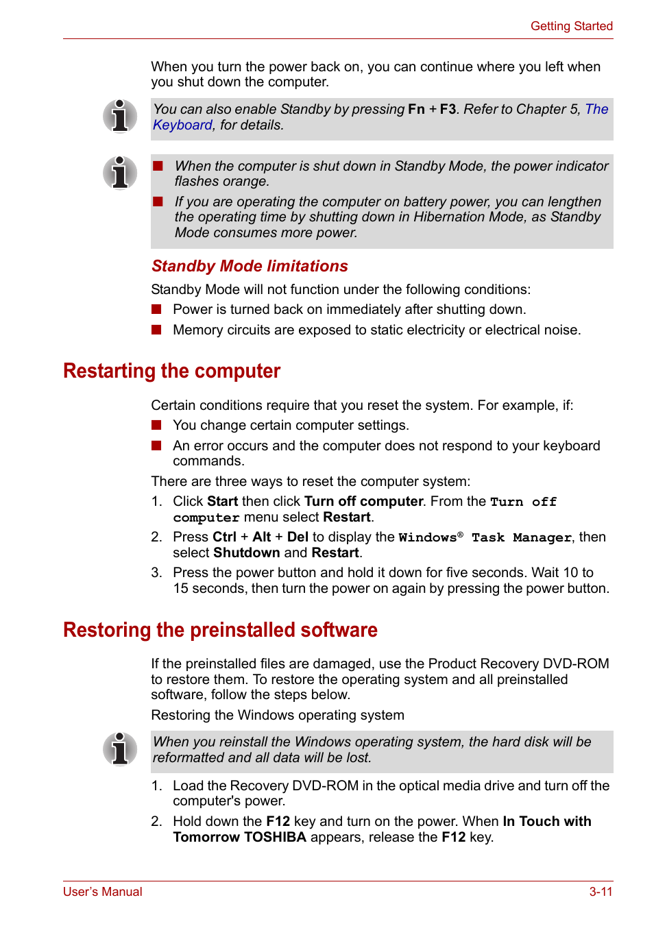 Restarting the computer, Restoring the preinstalled software | Toshiba Satellite L30 (PSL30) User Manual | Page 54 / 150