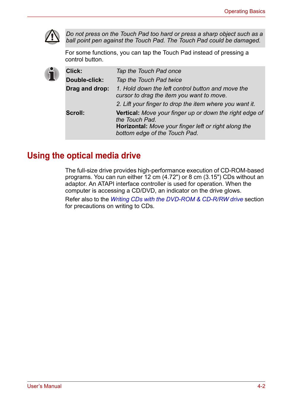 Using the optical media drive, Using the optical media drive -2 | Toshiba Satellite L30 (PSL30) User Manual | Page 57 / 150