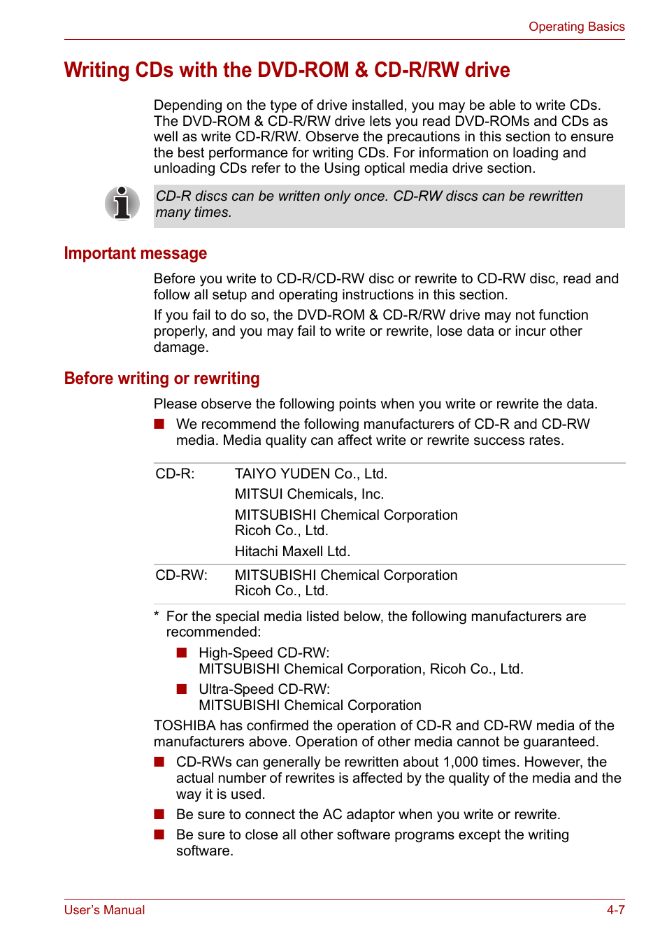 Writing cds with the dvd-rom & cd-r/rw drive, Writing cds with the dvd-rom & cd-r/rw drive -7, Important message | Before writing or rewriting | Toshiba Satellite L30 (PSL30) User Manual | Page 62 / 150