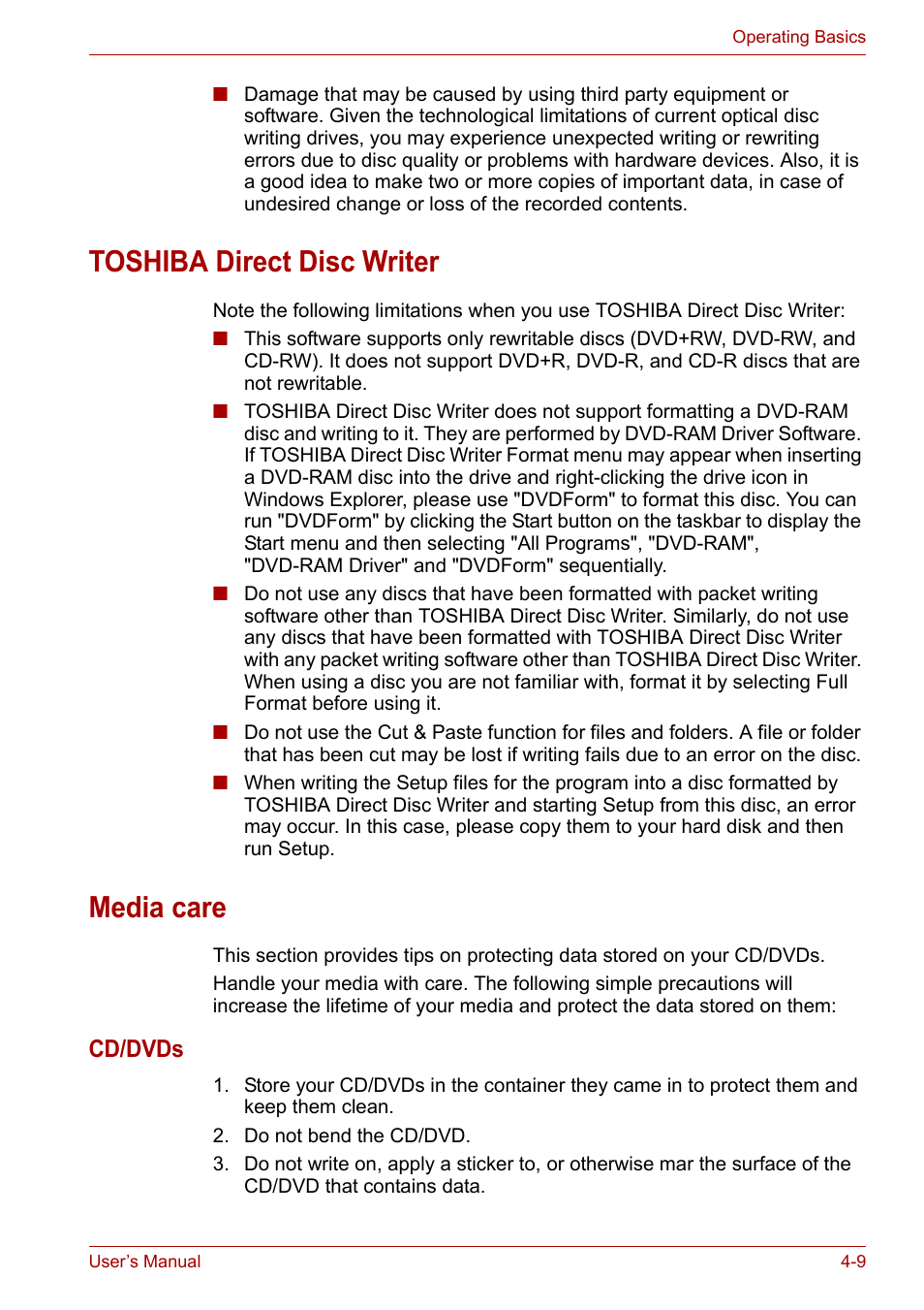 Toshiba direct disc writer, Media care, Toshiba direct disc writer -9 media care -9 | Cd/dvds | Toshiba Satellite L30 (PSL30) User Manual | Page 64 / 150