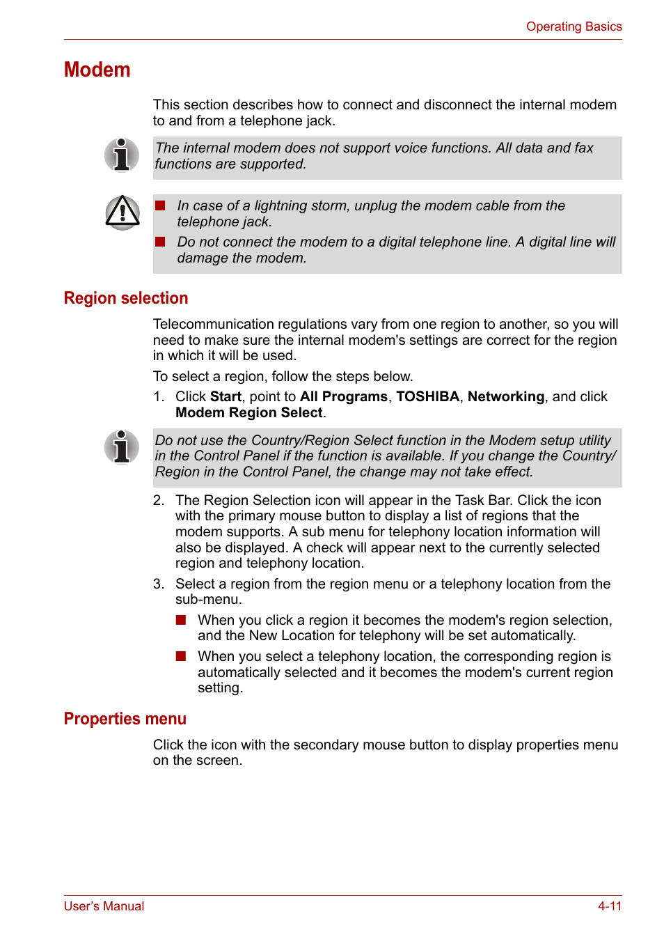Modem, Modem -11, Region selection | Properties menu | Toshiba Satellite L30 (PSL30) User Manual | Page 66 / 150