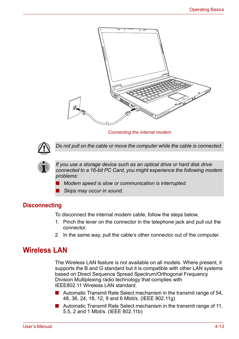 Wireless lan, Wireless lan -13, Disconnecting | Toshiba Satellite L30 (PSL30) User Manual | Page 68 / 150
