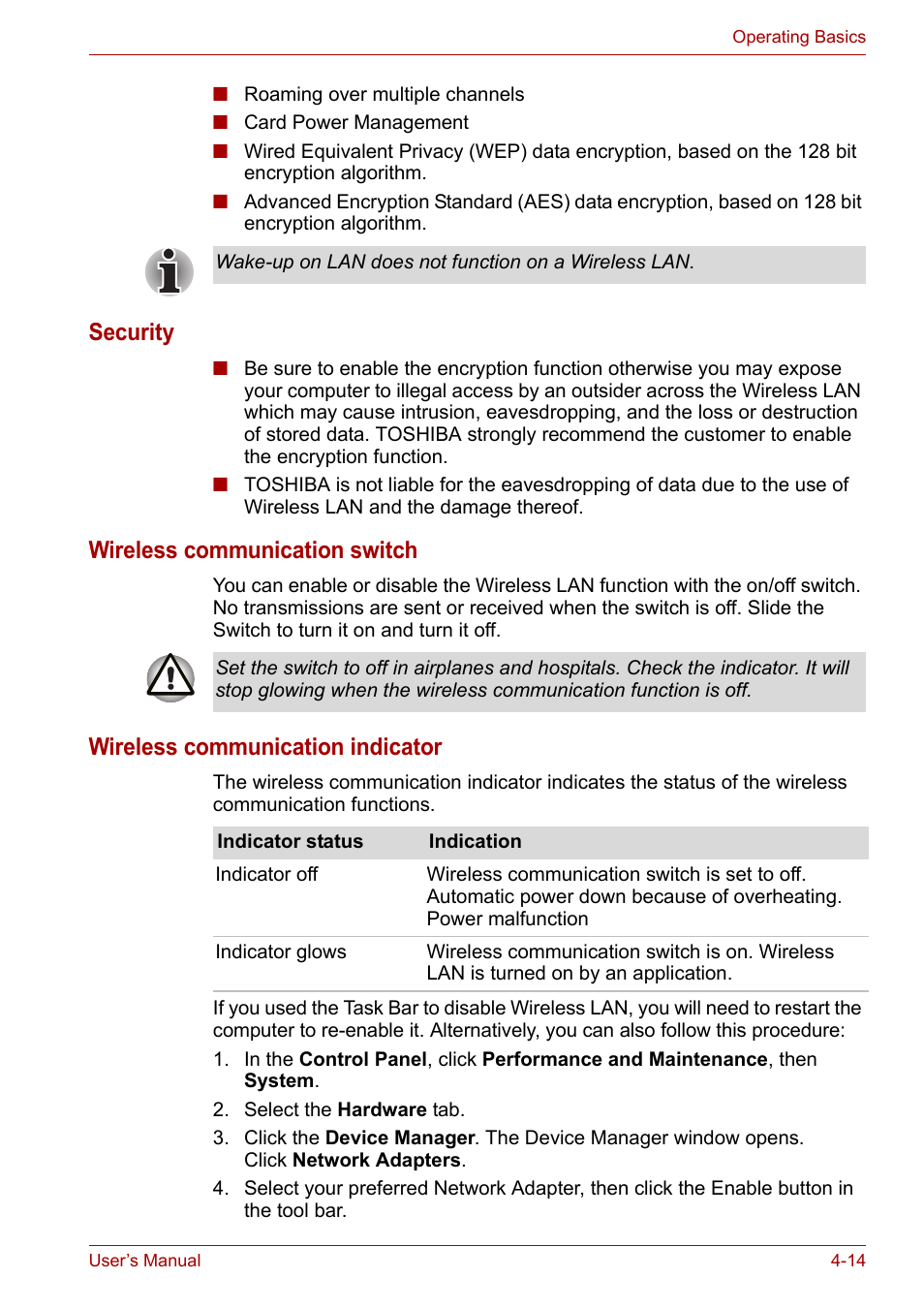 Security, Wireless communication switch, Wireless communication indicator | Toshiba Satellite L30 (PSL30) User Manual | Page 69 / 150