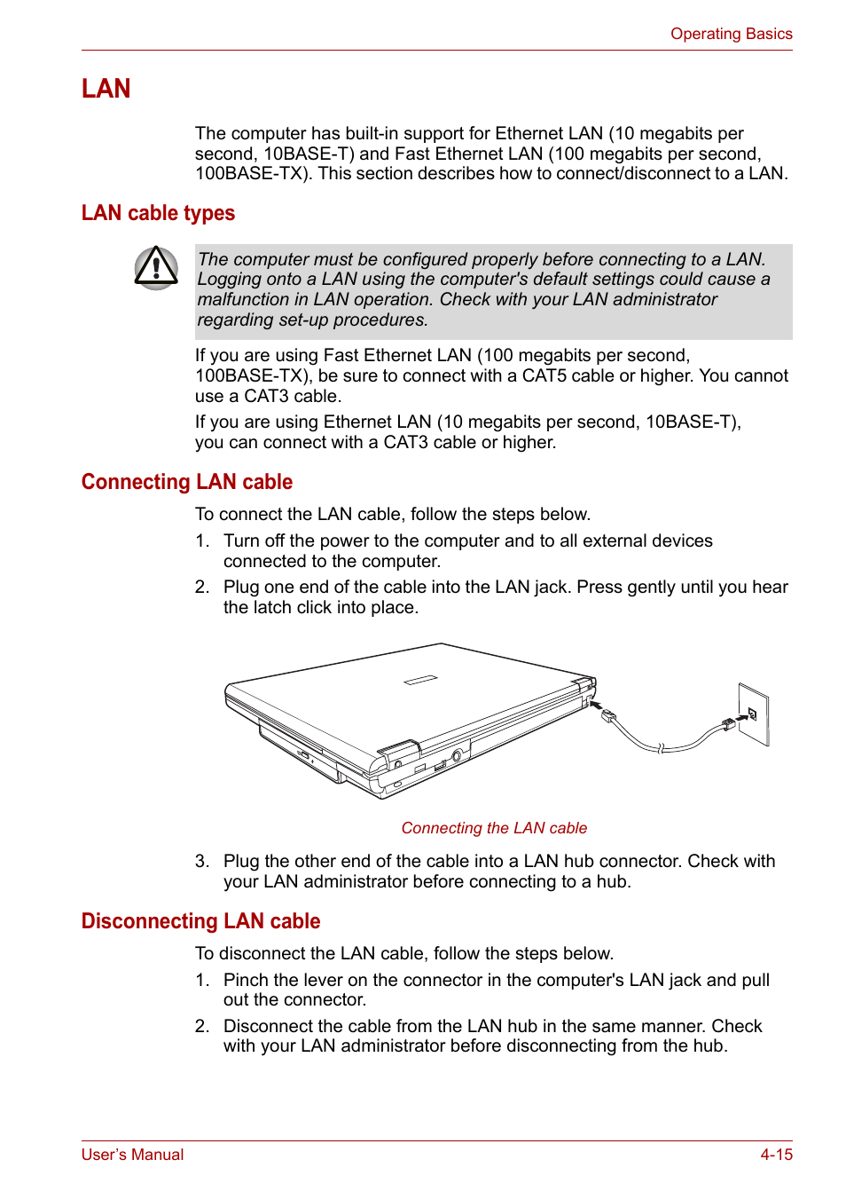 Lan -15, Lan cable types, Connecting lan cable | Disconnecting lan cable | Toshiba Satellite L30 (PSL30) User Manual | Page 70 / 150