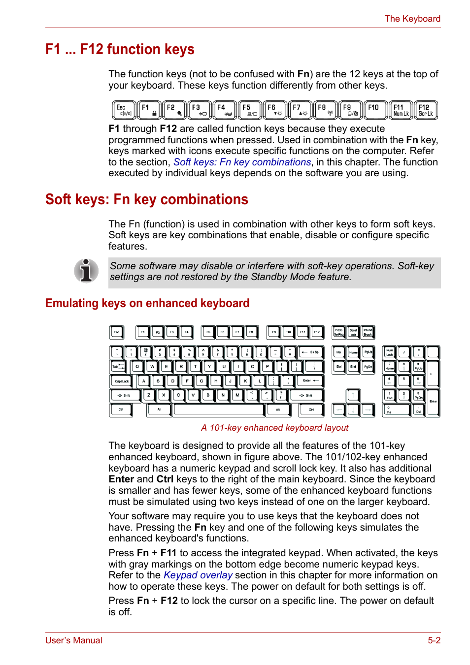 F1 ... f12 function keys, Soft keys: fn key combinations, Emulating keys on enhanced keyboard | Toshiba Satellite L30 (PSL30) User Manual | Page 74 / 150