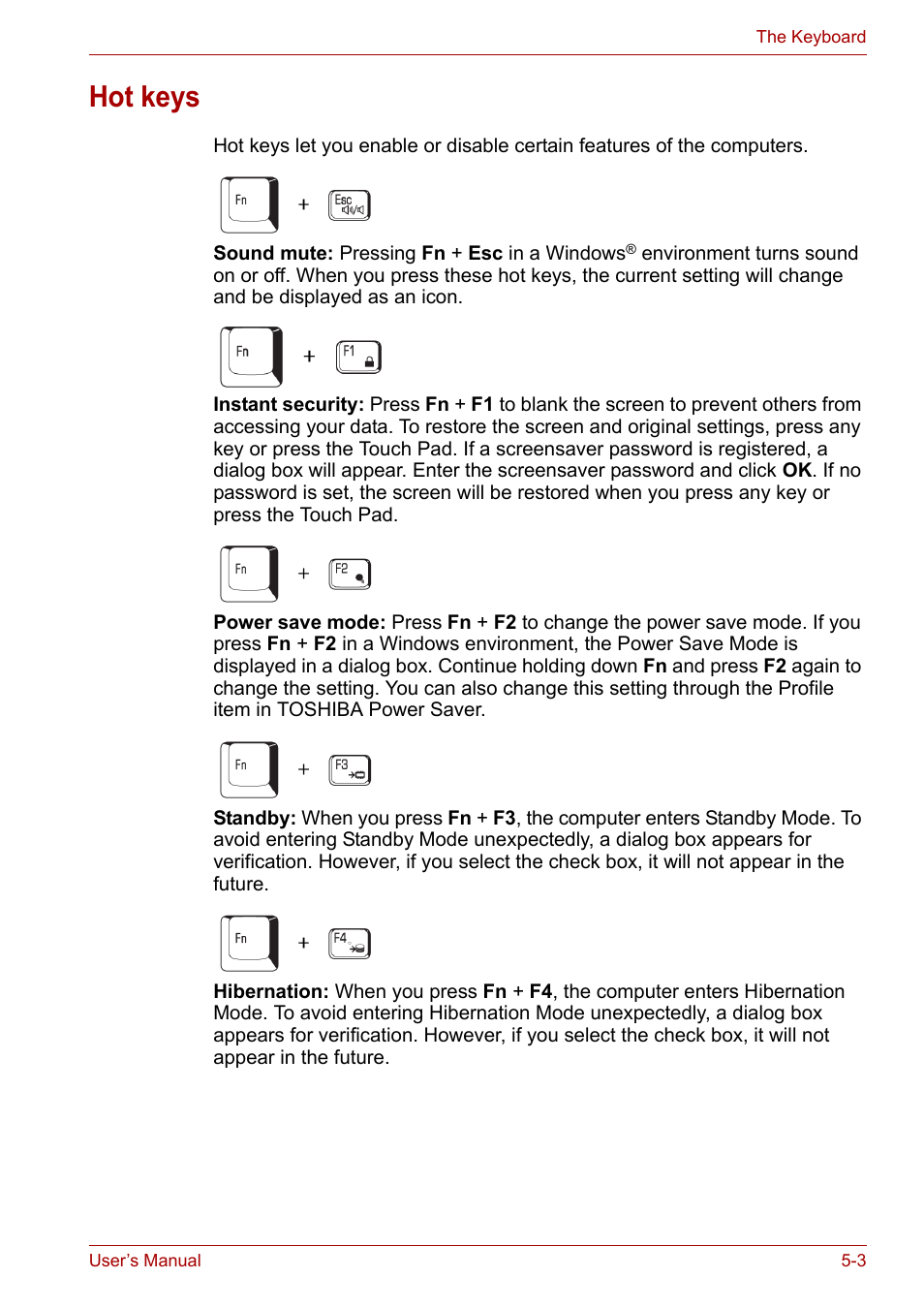 Hot keys, Hot keys -3 | Toshiba Satellite L30 (PSL30) User Manual | Page 75 / 150