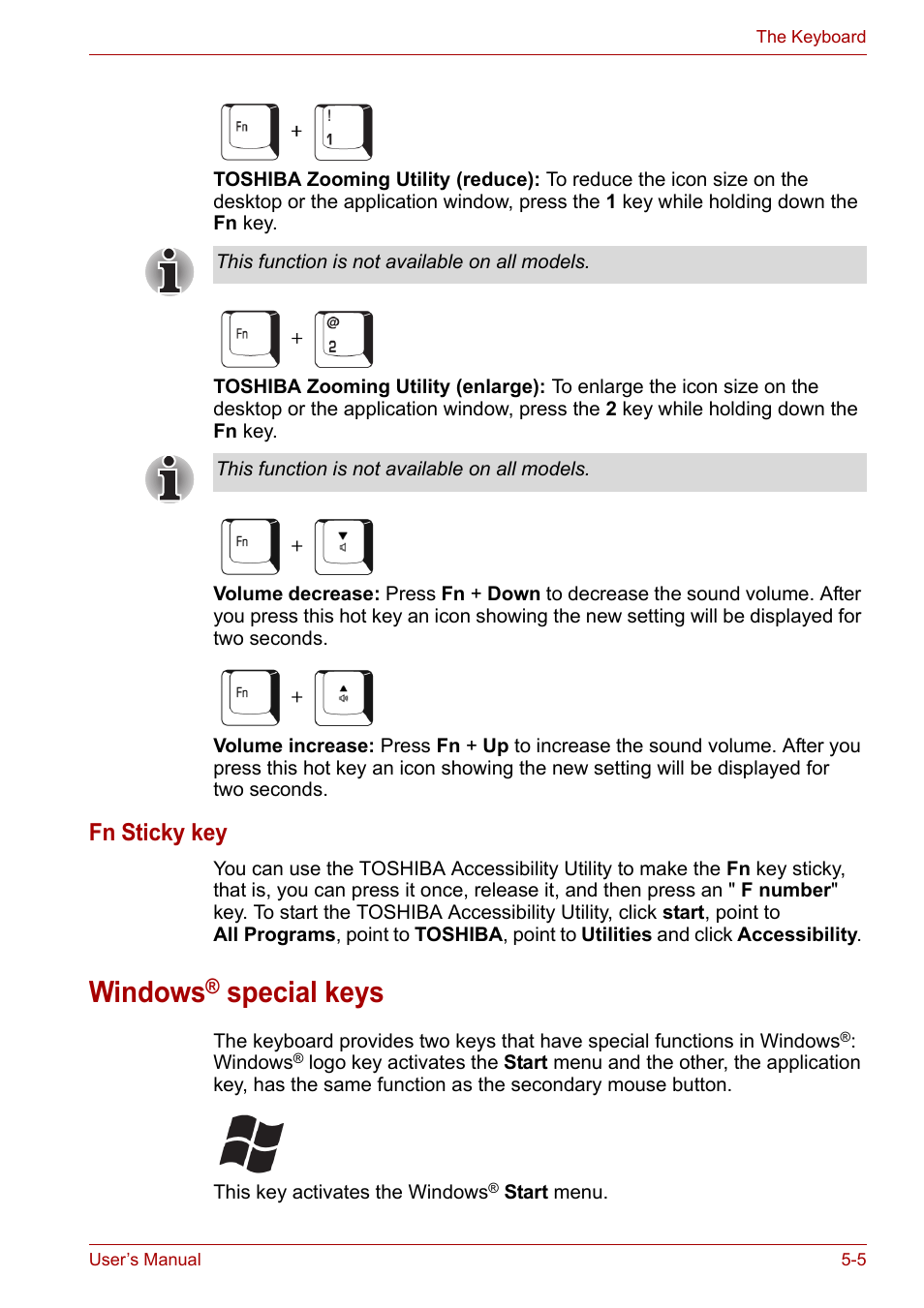 Windows® special keys, Windows® special keys -5, Windows | Special keys, Fn sticky key | Toshiba Satellite L30 (PSL30) User Manual | Page 77 / 150