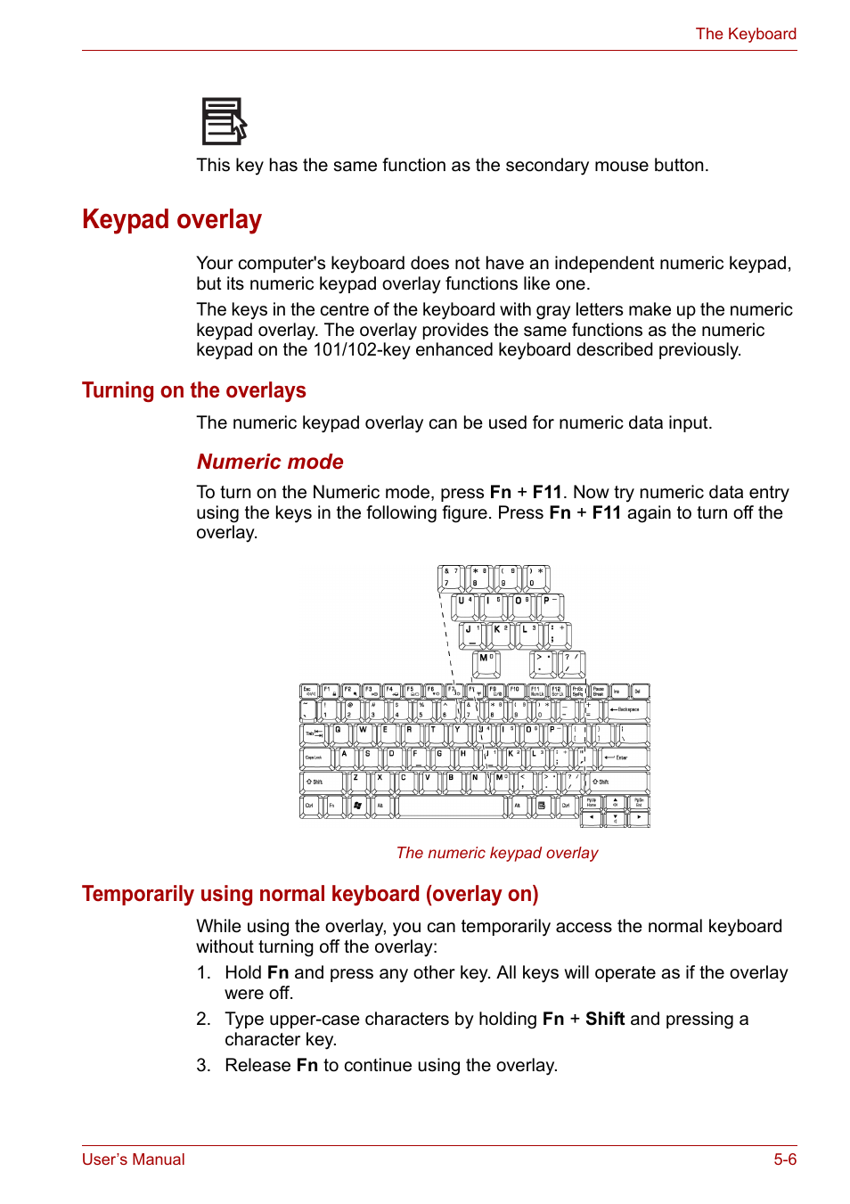 Keypad overlay, Keypad overlay -6, Section | Toshiba Satellite L30 (PSL30) User Manual | Page 78 / 150