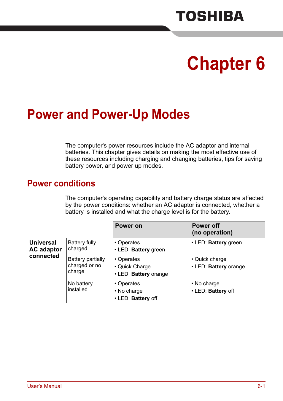 Chapter 6: power and power-up modes, Power conditions, Chapter 6 | Power and power-up modes, Power conditions -1 | Toshiba Satellite L30 (PSL30) User Manual | Page 80 / 150
