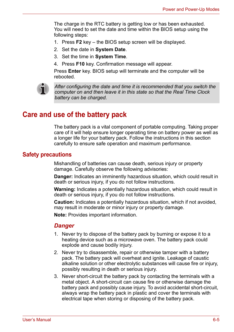 Care and use of the battery pack, Care and use of the battery pack -5, Safety precautions | Toshiba Satellite L30 (PSL30) User Manual | Page 84 / 150