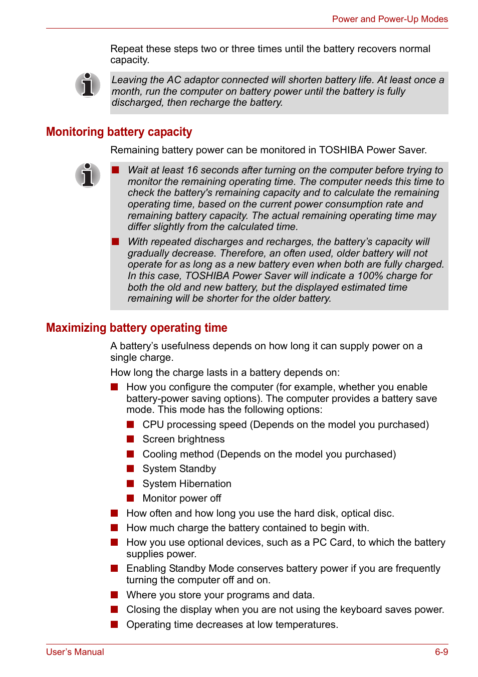 Monitoring battery capacity, Maximizing battery operating time | Toshiba Satellite L30 (PSL30) User Manual | Page 88 / 150