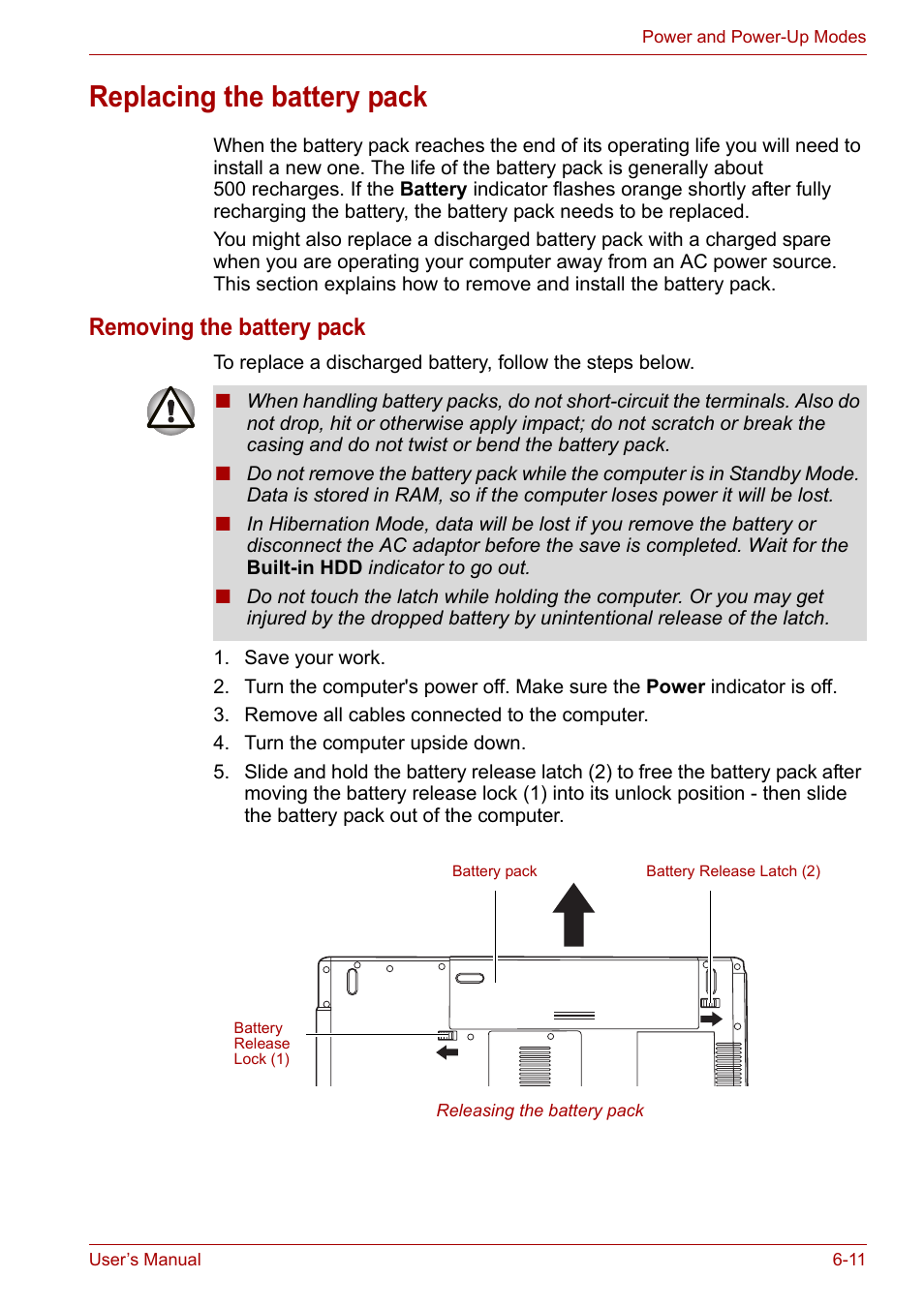 Replacing the battery pack, Replacing the battery pack -11, Removing the battery pack | Toshiba Satellite L30 (PSL30) User Manual | Page 90 / 150