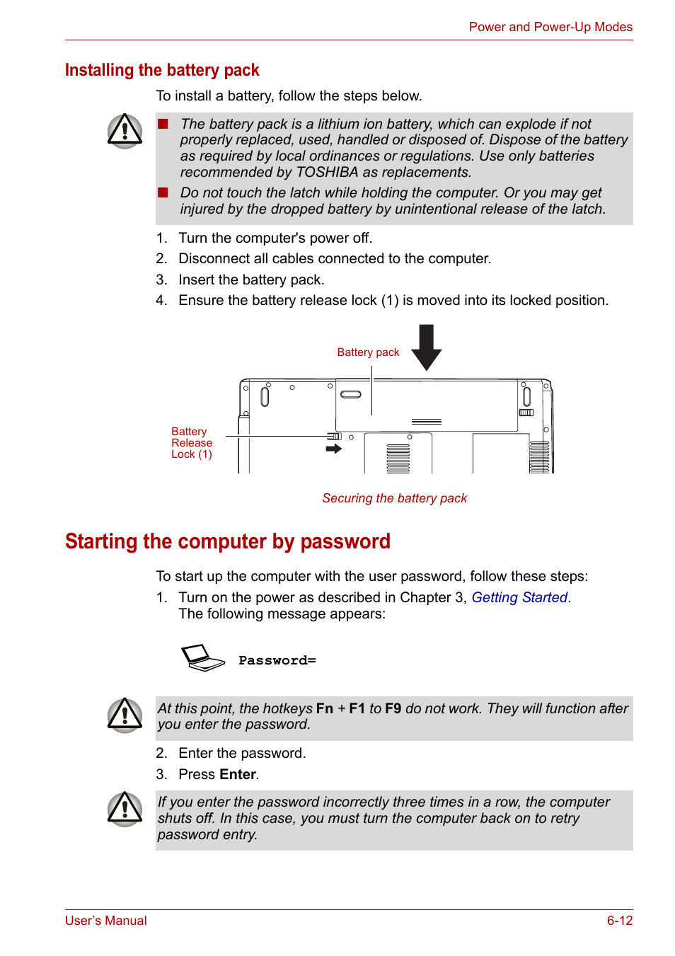 Starting the computer by password, Starting the computer by password -12, Installing the battery pack | Toshiba Satellite L30 (PSL30) User Manual | Page 91 / 150