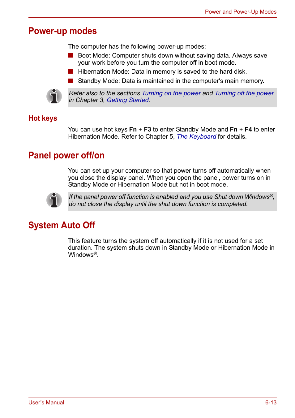 Power-up modes, Panel power off/on, System auto off | Hot keys | Toshiba Satellite L30 (PSL30) User Manual | Page 92 / 150