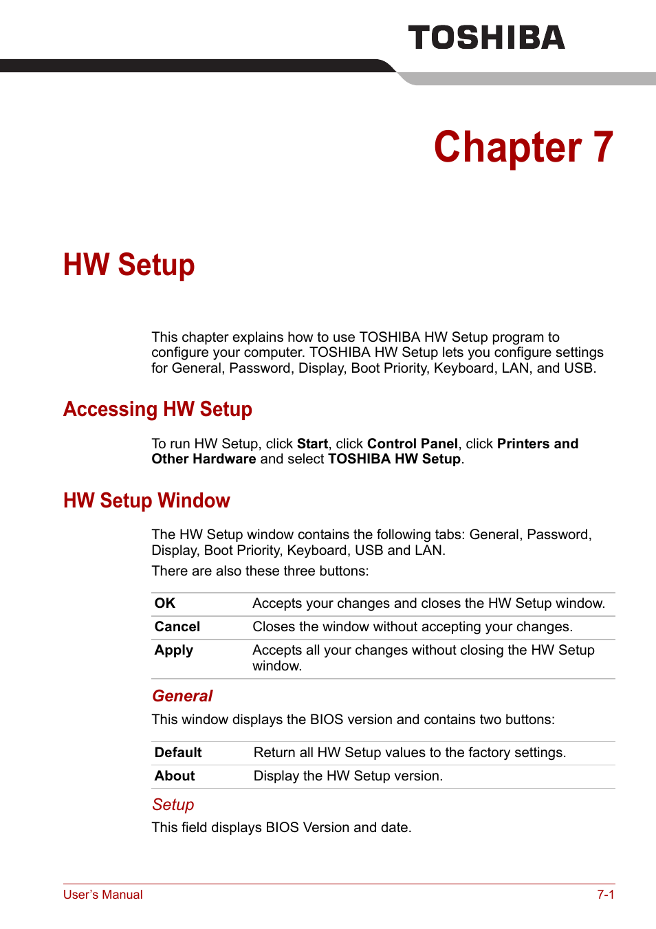 Chapter 7: hw setup, Accessing hw setup, Hw setup window | Chapter 7, Hw setup, Accessing hw setup -1 hw setup window -1 | Toshiba Satellite L30 (PSL30) User Manual | Page 93 / 150