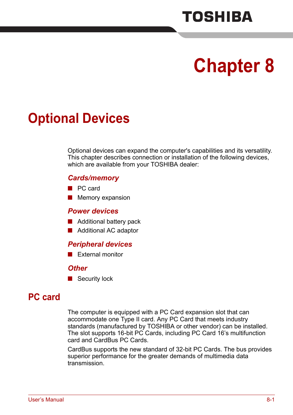 Chapter 8: optional devices, Pc card, Chapter 8 | Optional devices, Pc card -1 | Toshiba Satellite L30 (PSL30) User Manual | Page 96 / 150