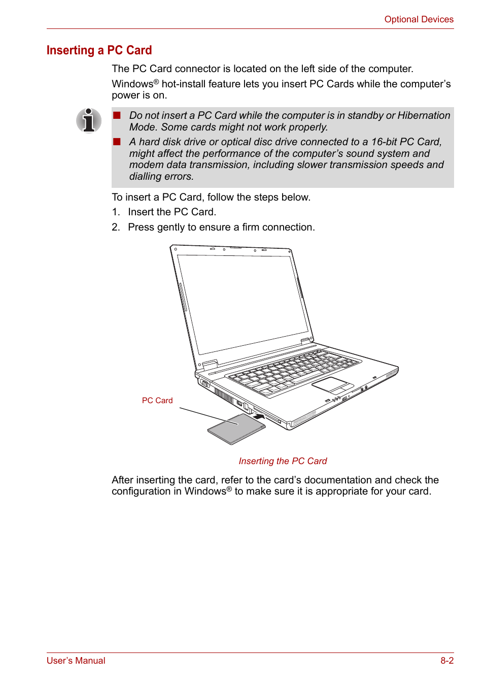 Inserting a pc card | Toshiba Satellite L30 (PSL30) User Manual | Page 97 / 150